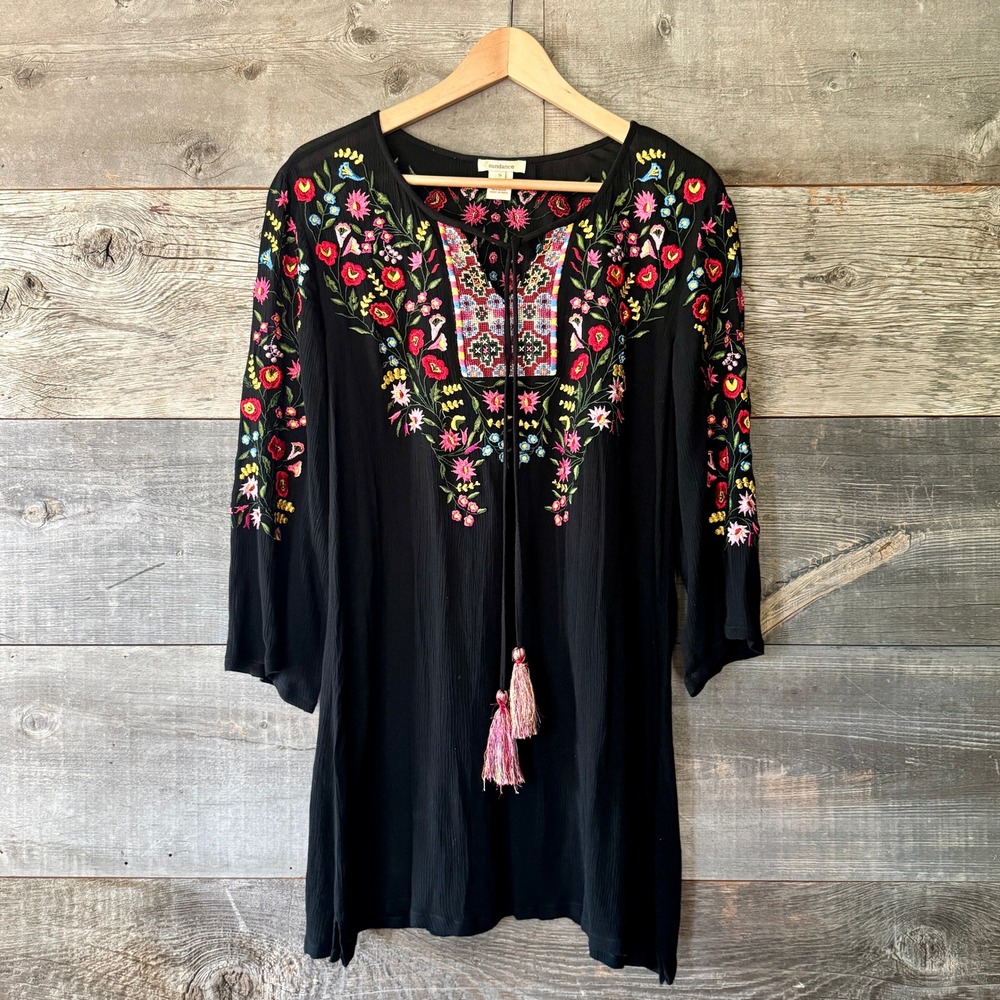 Sundance Floral Embroidered Tassel Tunic Top S Black Boho Peasant Dark Cottage